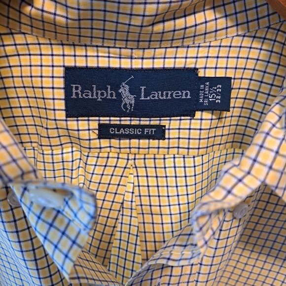 Ralph Lauren Classic Fit Mens Micro Plaid Yellow & Blue Mens‎ Shirt Size 15.1/2 - Picture 11 of 11